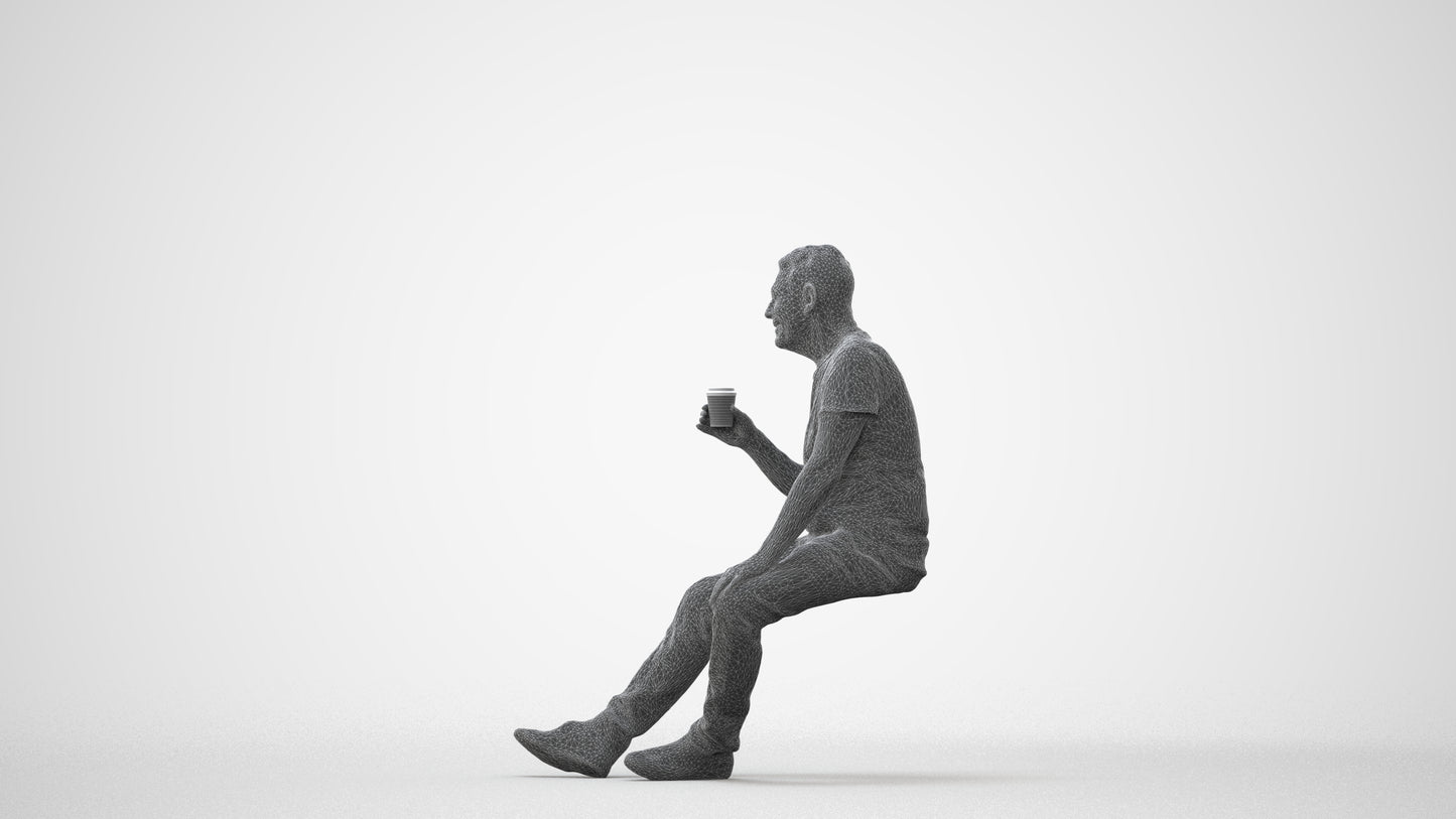 scanned 3D senior man casual sitting, photogrammetry people for Enscape and V-Ray, square thumbnail