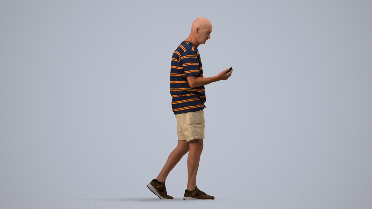scanned 3D senior man casual walking, photogrammetry people for Enscape and V-Ray, side view render