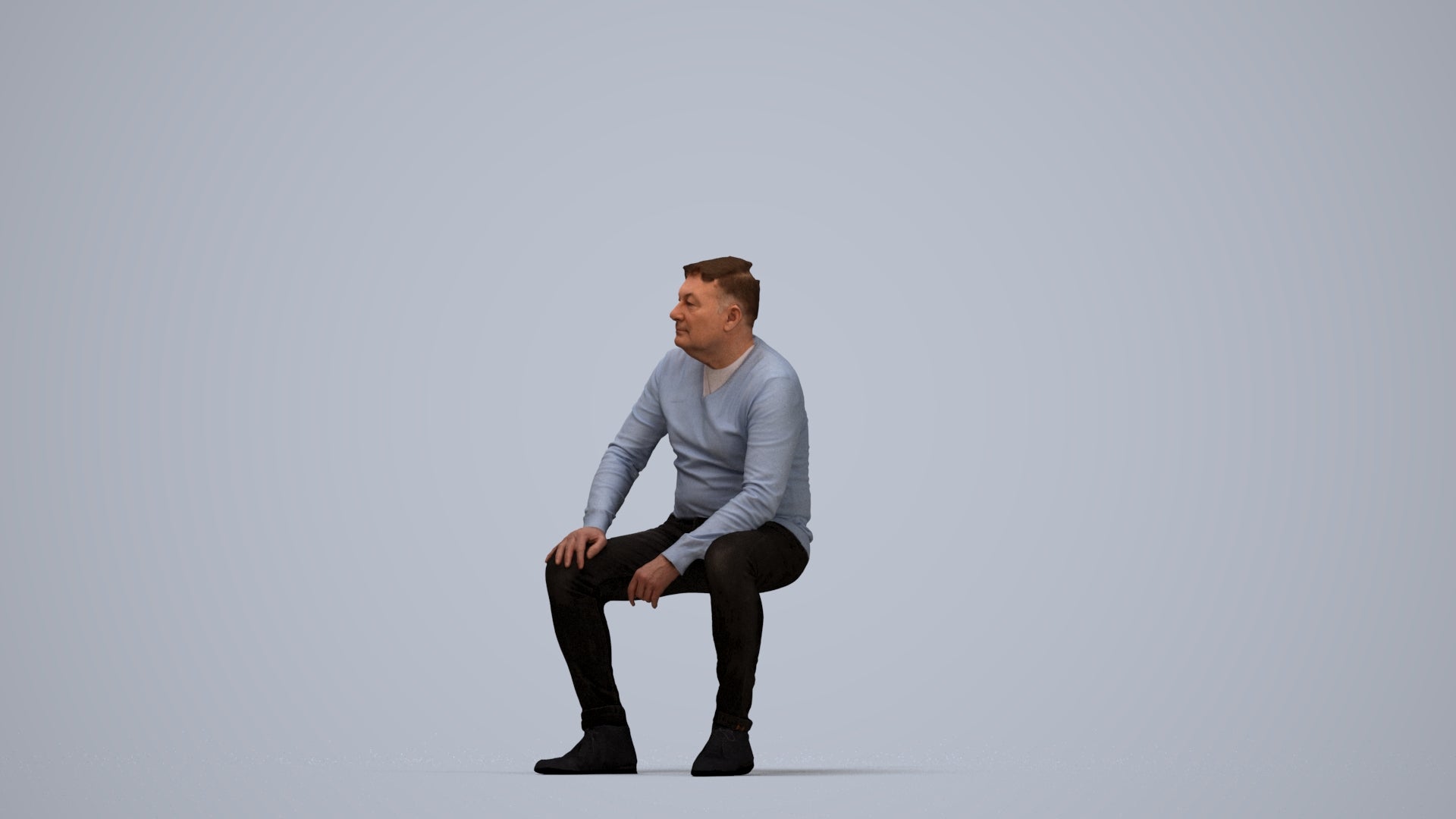 3D human model man casual sitting, photogrammetry scanned person for archviz, top-down view render