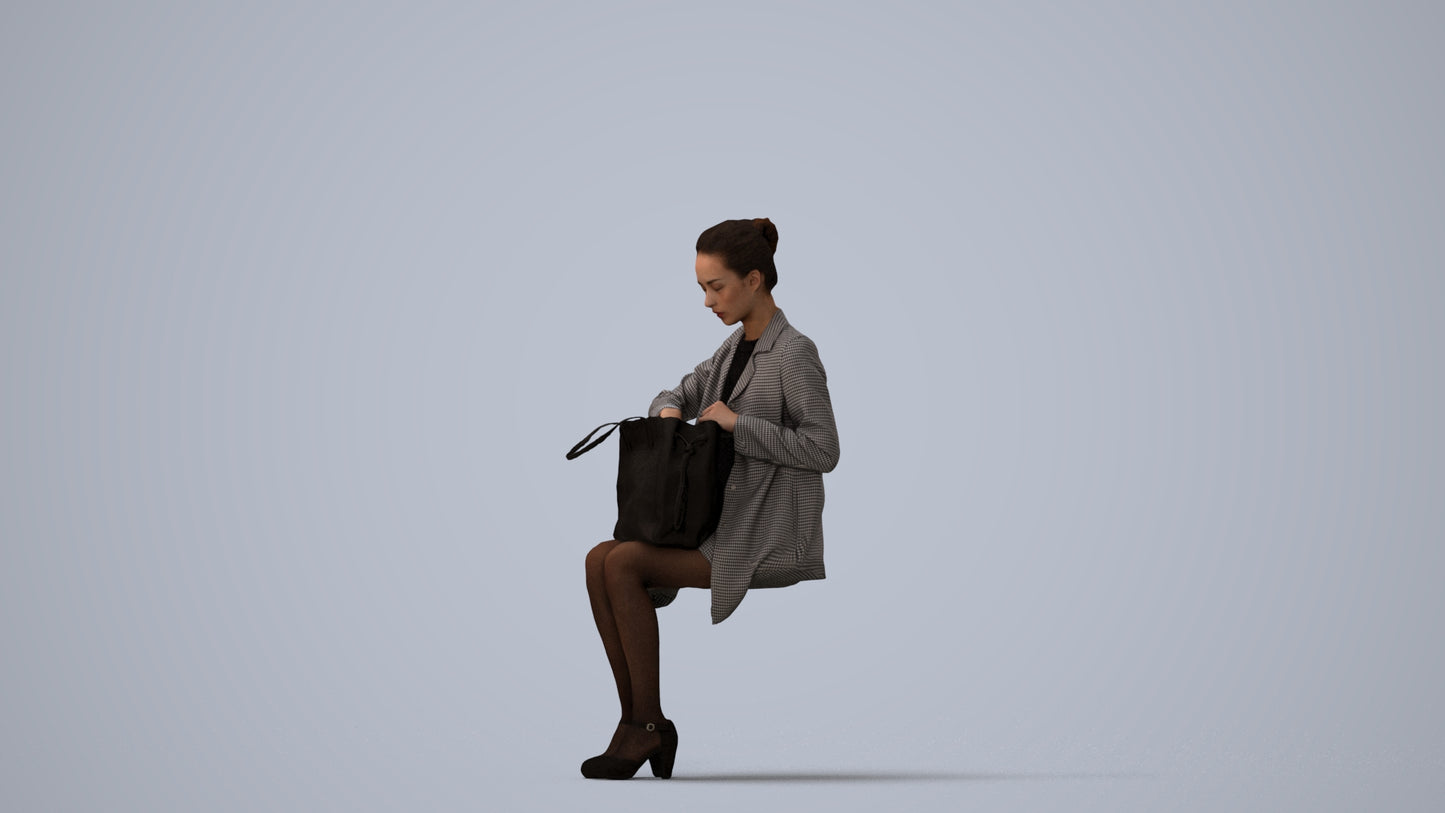 realistic 3D people woman business sitting, render-ready for V-Ray and Corona, FBX OBJ, three-quarter view render