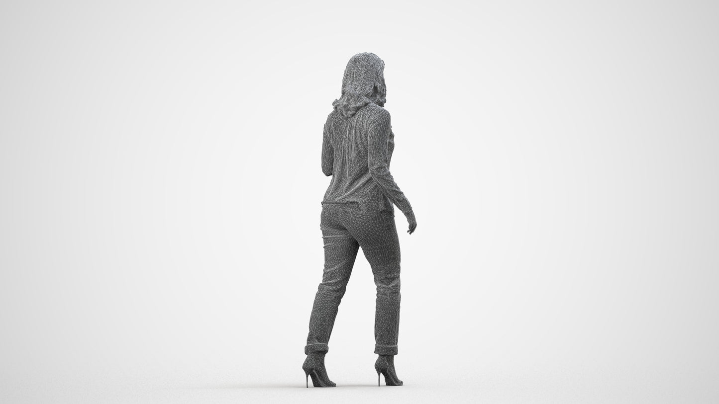 3D scanned woman walking casual, photorealistic archviz people for Enscape and SketchUp, wireframe side view