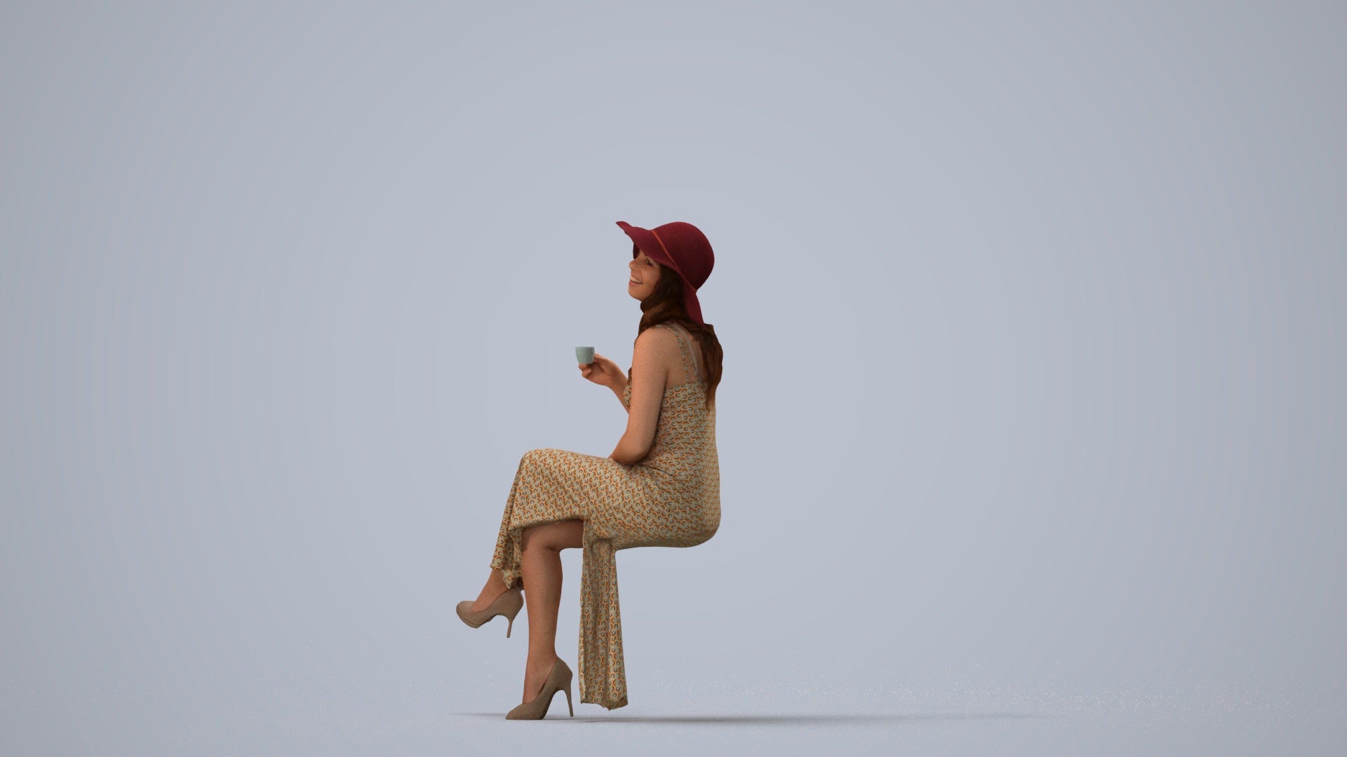 realistic 3D people woman casual sitting, render-ready for V-Ray and Corona, FBX OBJ, three-quarter view render