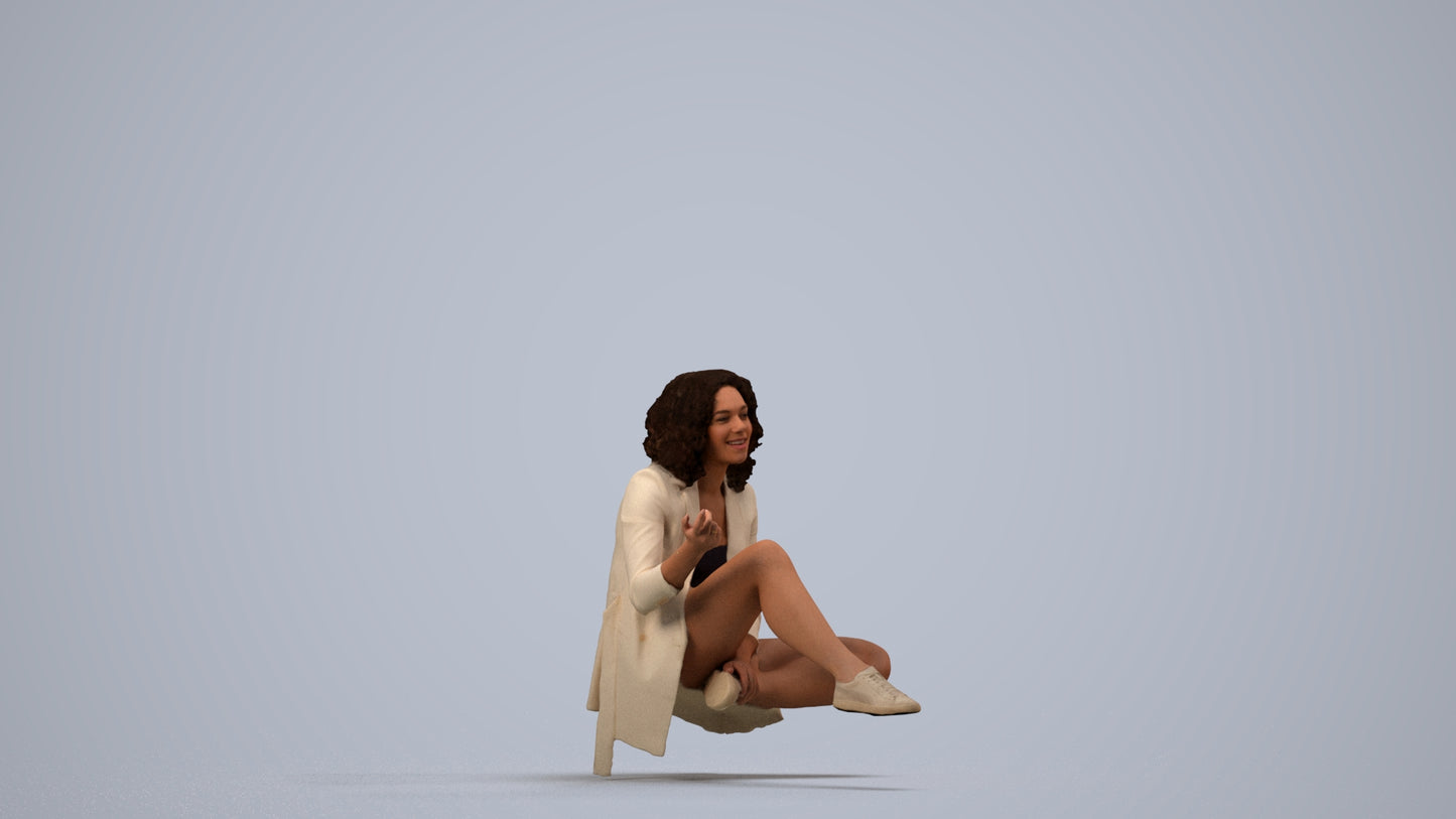 3D human model woman business sitting, photogrammetry scanned person for archviz, side view render