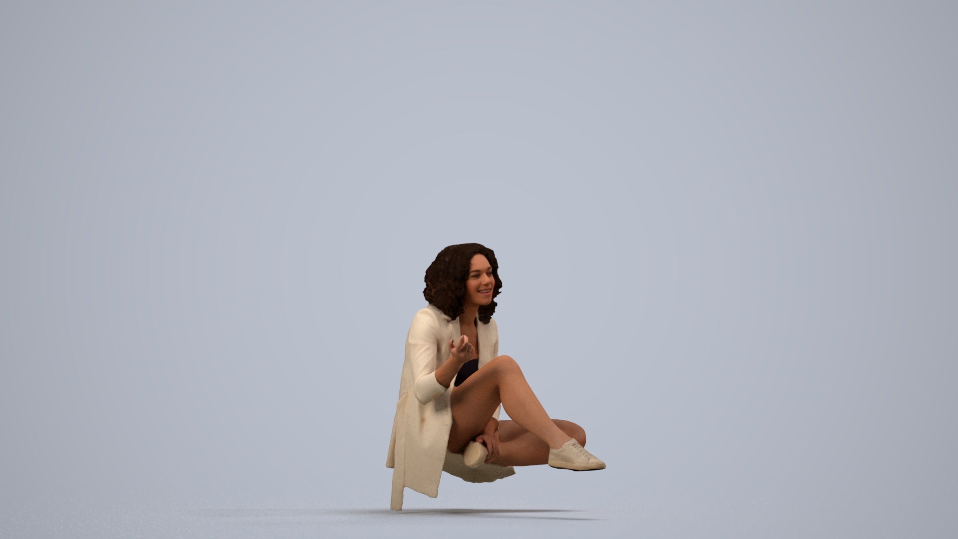 3D human model woman business sitting, photogrammetry scanned person for archviz, side view render