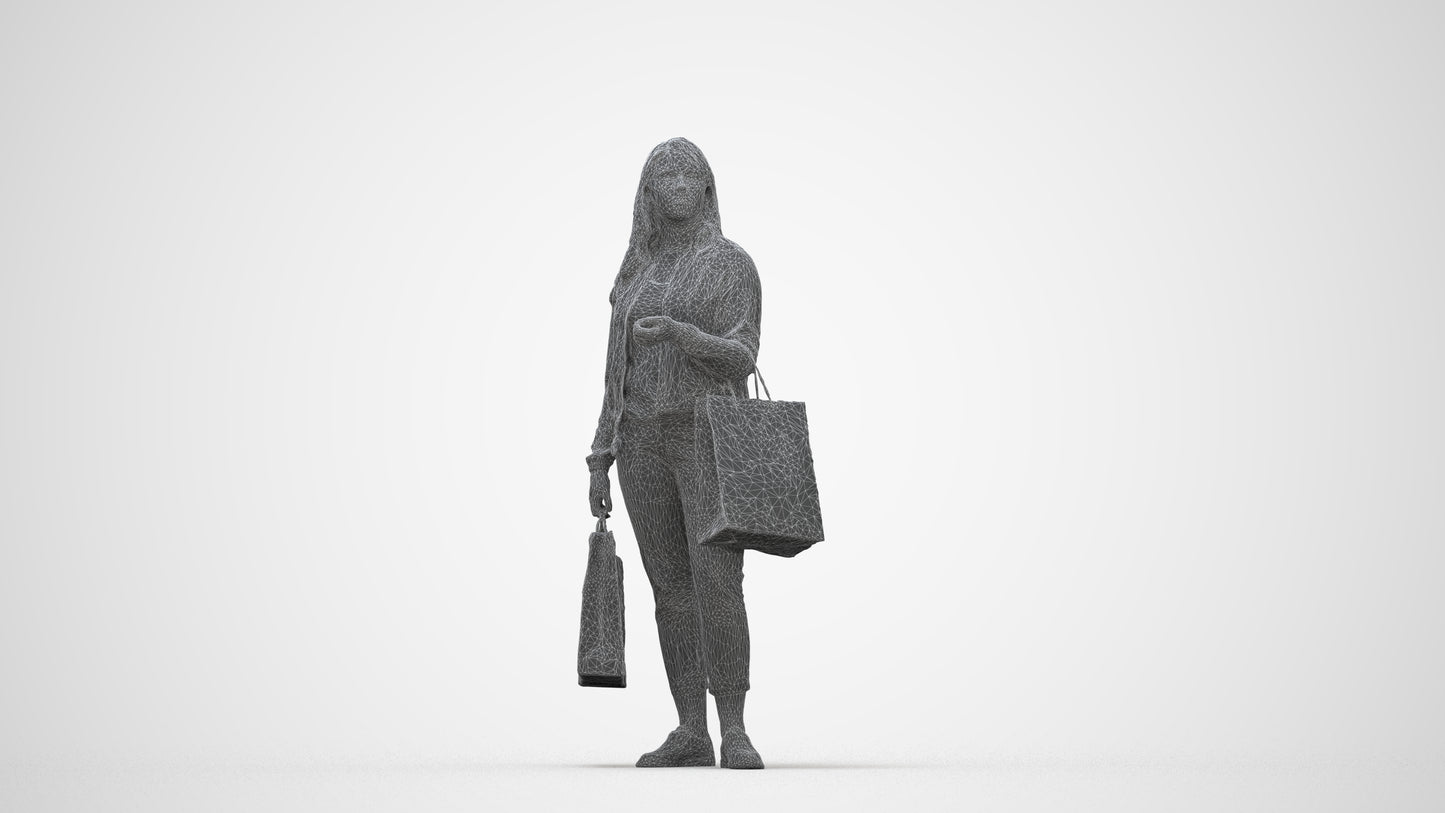 scanned 3D woman casual shopping, photogrammetry people for Enscape and V-Ray, wireframe back view