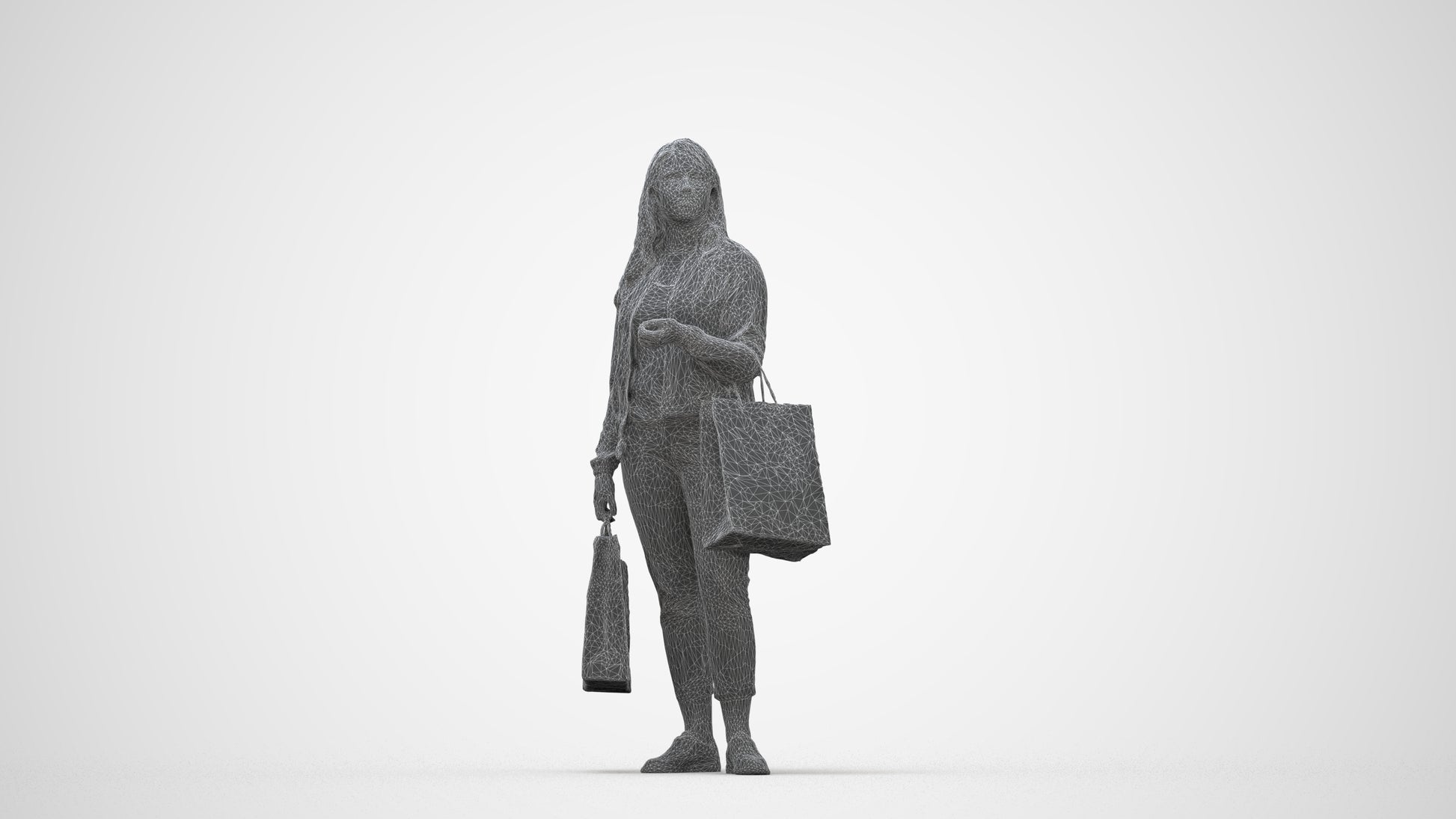 scanned 3D woman casual shopping, photogrammetry people for Enscape and V-Ray, wireframe back view