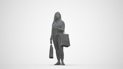 scanned 3D woman casual shopping, photogrammetry people for Enscape and V-Ray, wireframe back view