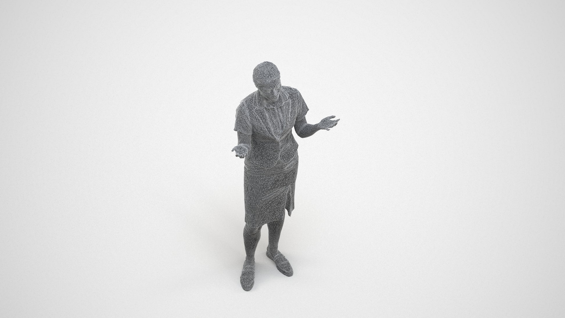 realistic 3D human woman hospitality, archviz people FBX OBJ for Blender, wireframe three-quarter view
