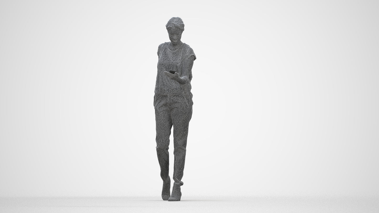 3D scanned woman standing casual, photorealistic archviz people for Enscape and SketchUp, wireframe back view