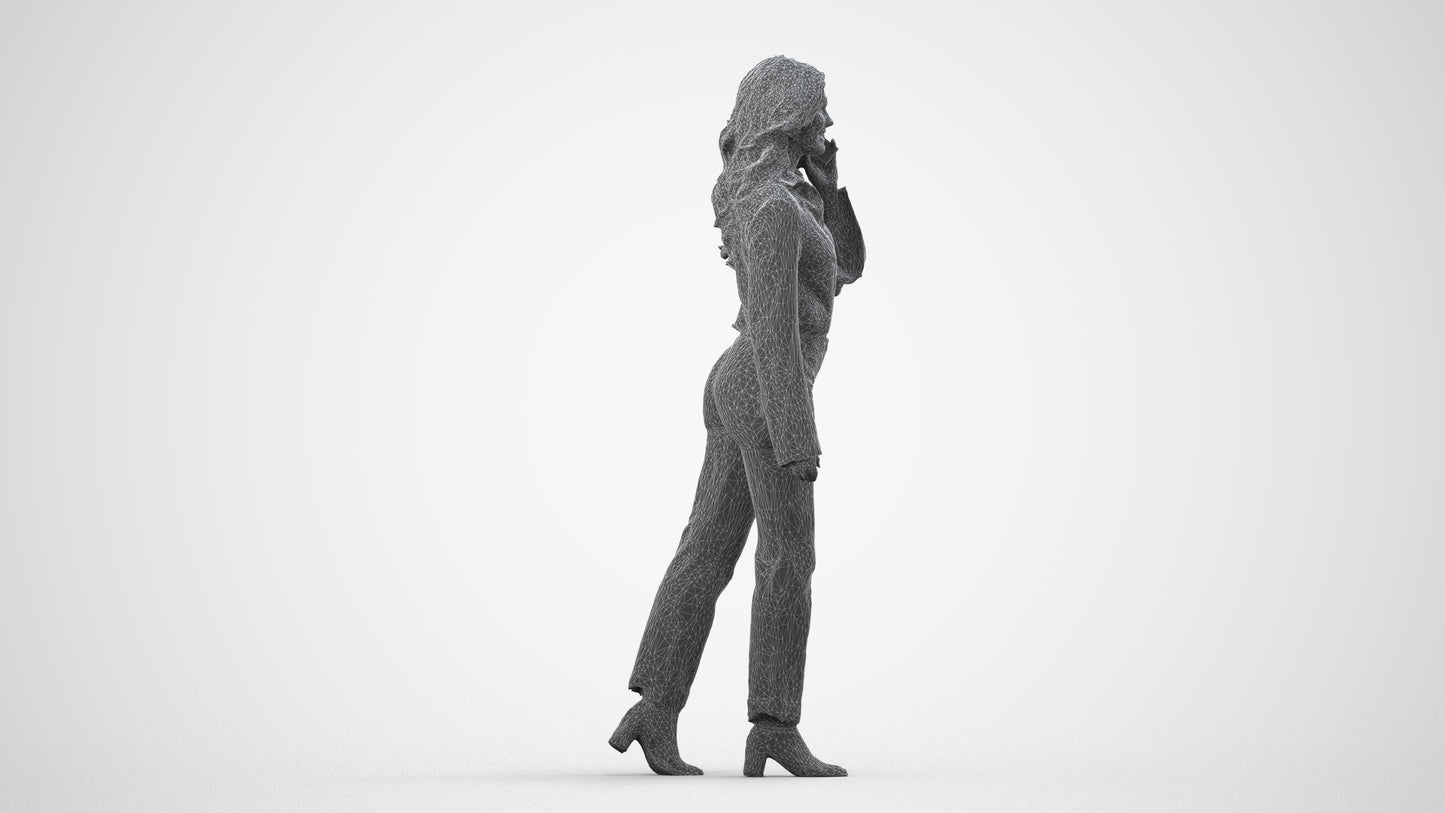 3D human model woman business, photogrammetry scanned person for archviz, wireframe side view