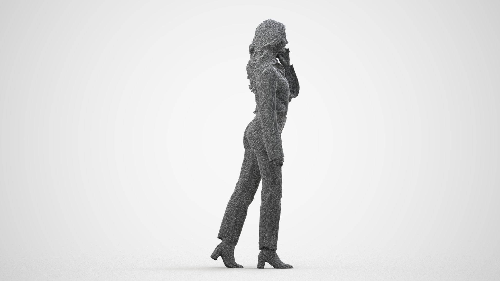 3D human model woman business, photogrammetry scanned person for archviz, wireframe side view