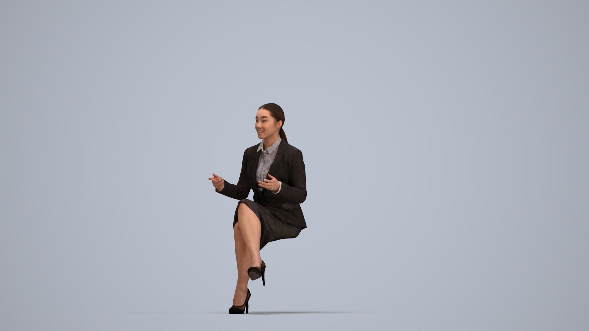 realistic 3D woman business sitting, scanned archviz people for Blender and 3ds Max, top-down view render