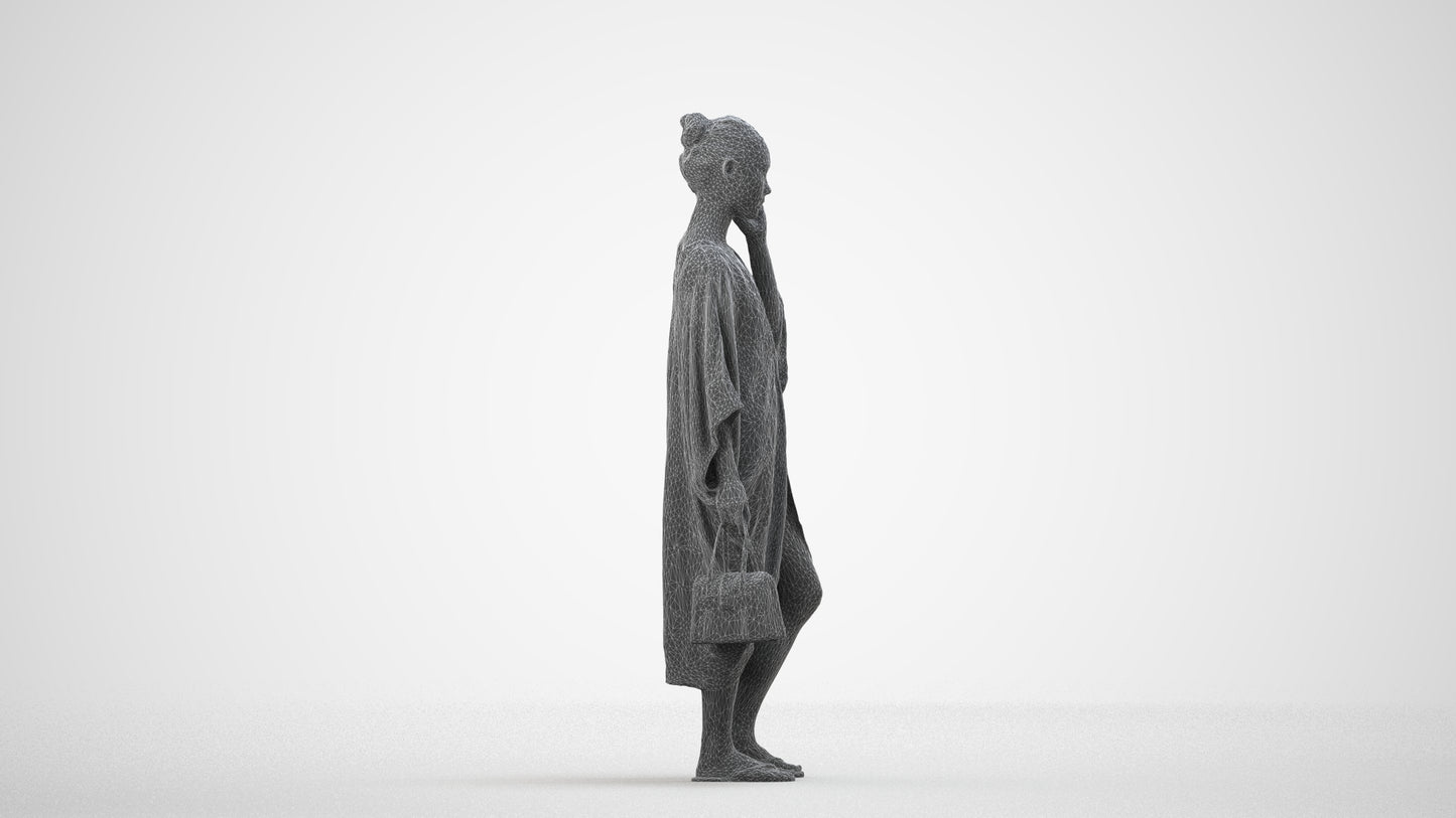 3D human model woman standing, photogrammetry scanned person for archviz, wireframe side view