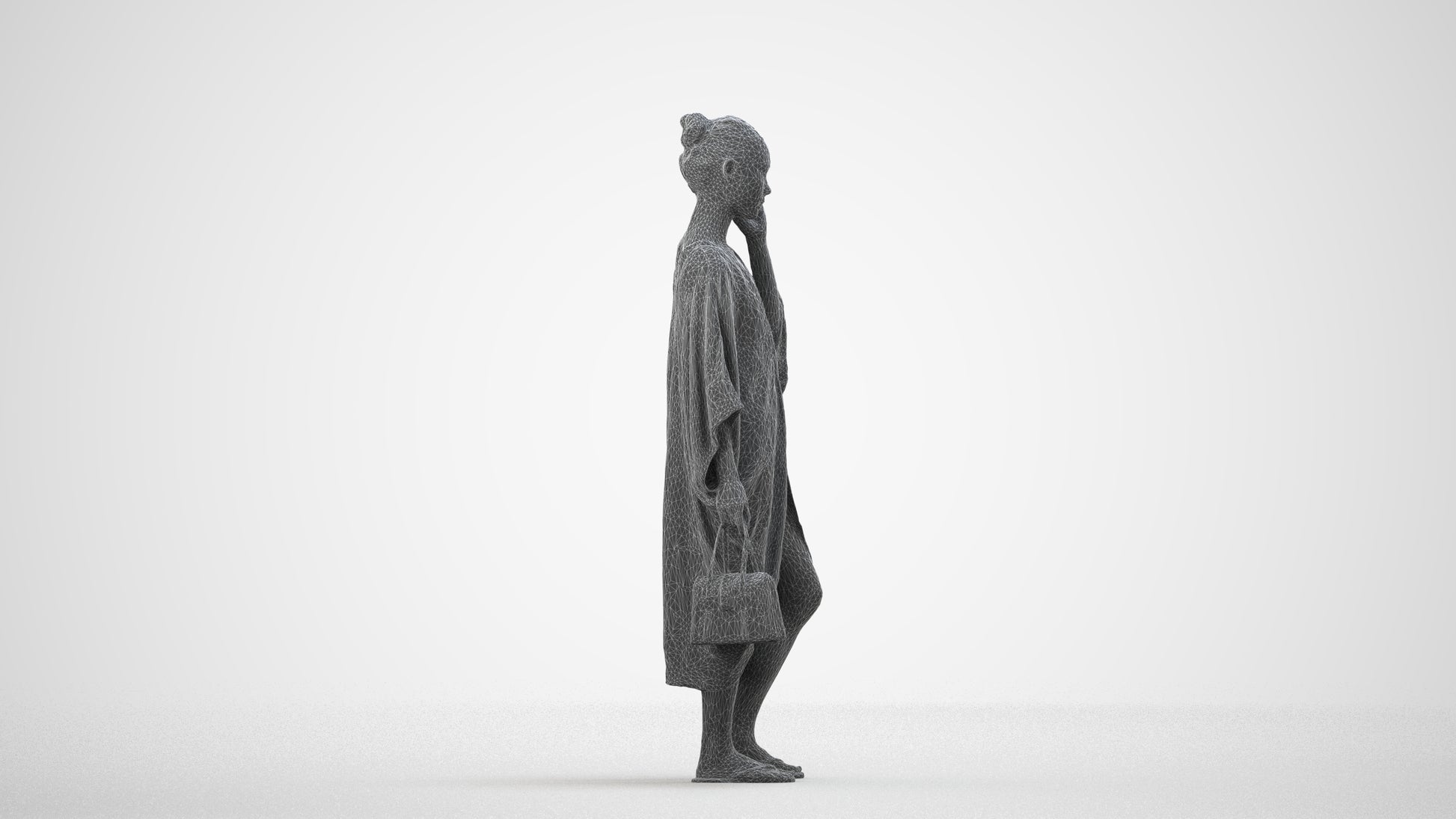 3D human model woman standing, photogrammetry scanned person for archviz, wireframe side view