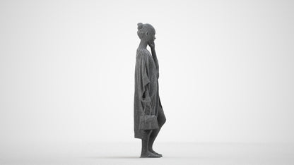 3D human model woman standing, photogrammetry scanned person for archviz, wireframe side view