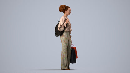 realistic 3D human woman casual shopping, archviz people FBX OBJ for Blender, side view render
