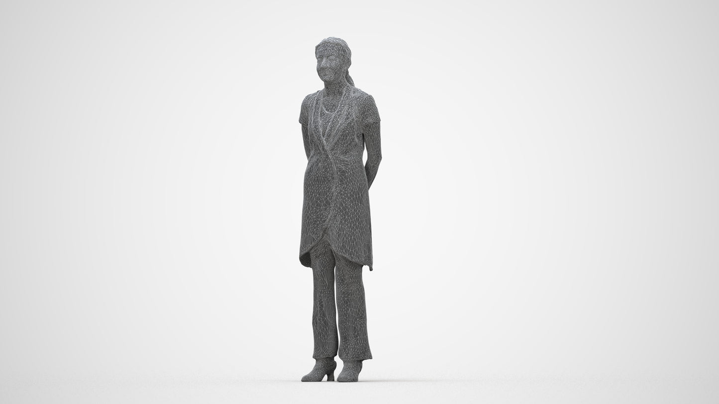 realistic 3D woman hospitality, scanned archviz people for Blender and 3ds Max, wireframe back view
