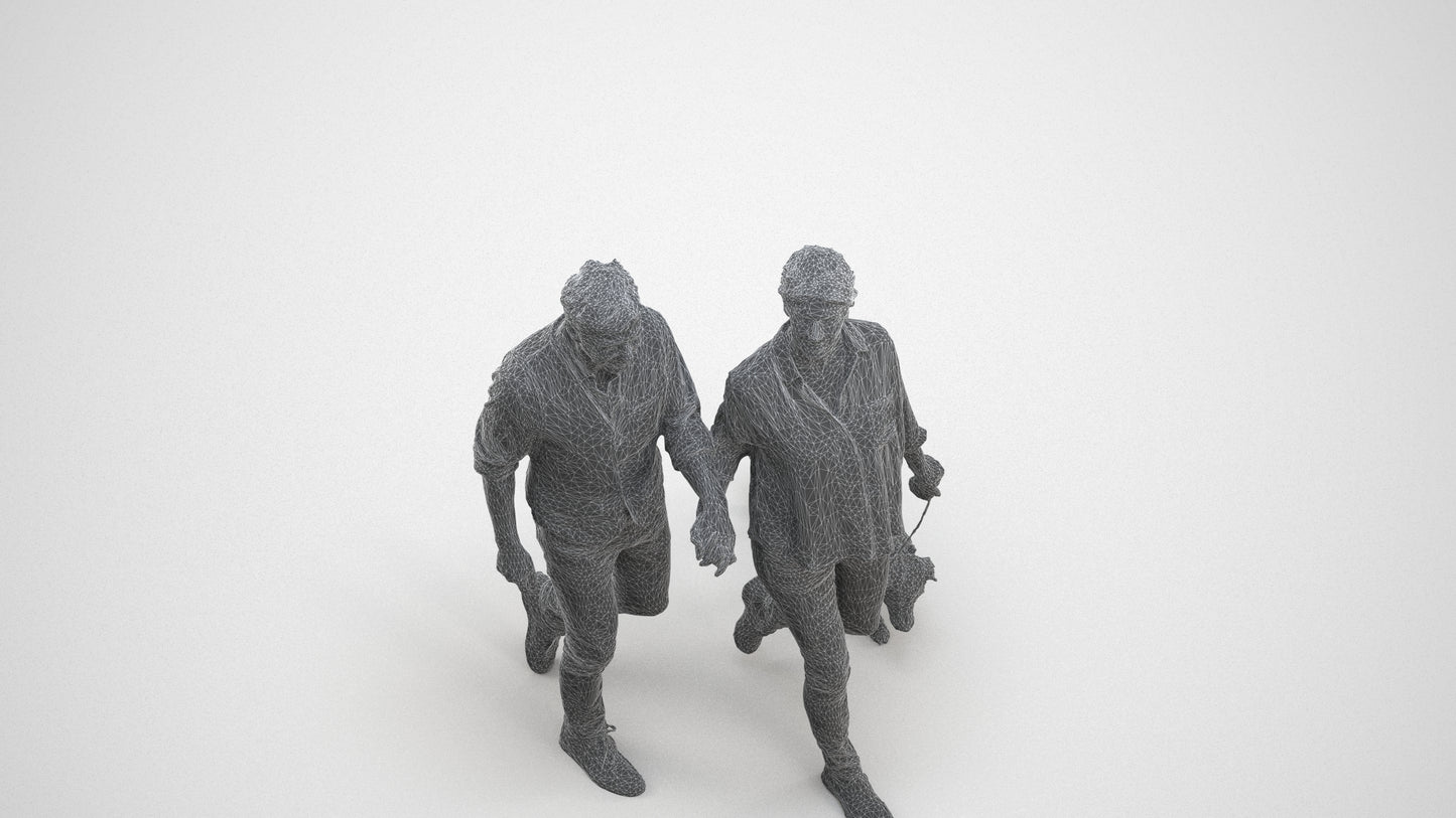 realistic 3D human woman casual couple, archviz people FBX OBJ for Blender, wireframe three-quarter view