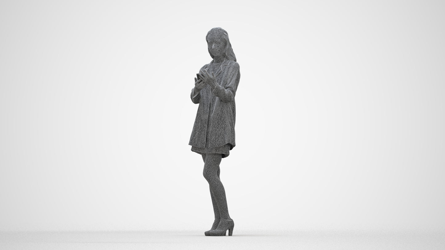 3D human model woman business standing, photogrammetry scanned person for archviz, wireframe back view