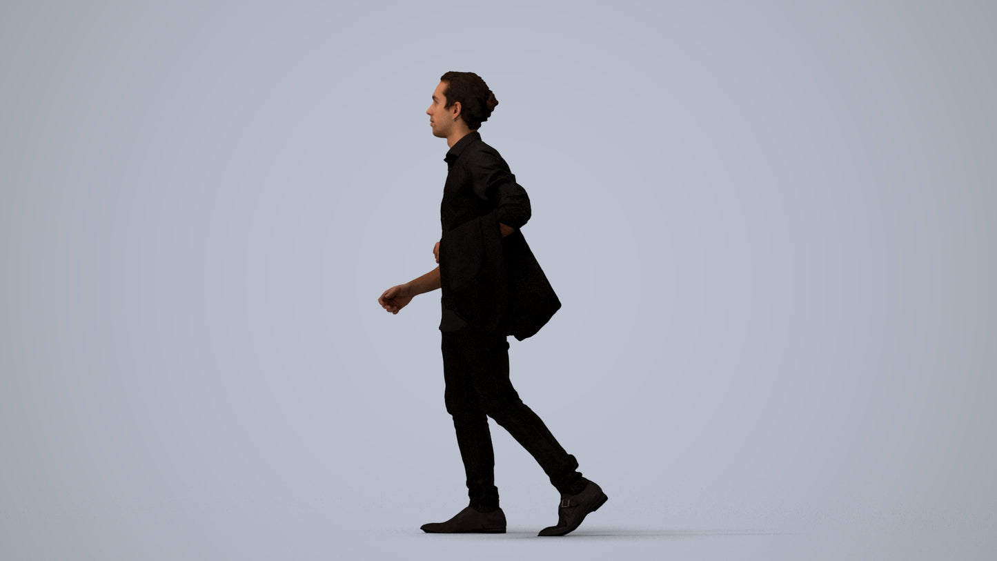photogrammetry 3D man casual walking, realistic human model archviz FBX, three-quarter view render