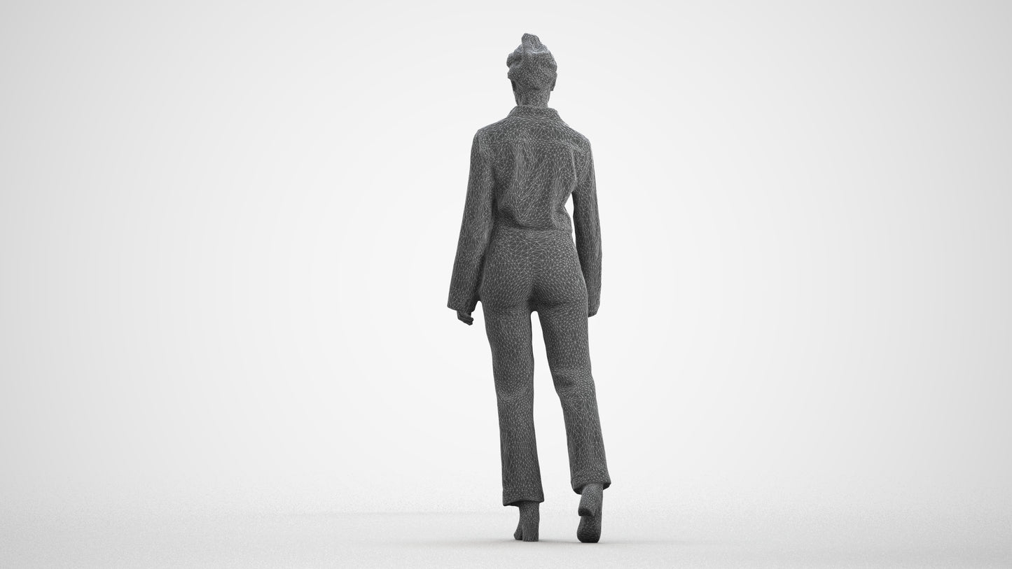 3D human model woman business walking, photogrammetry scanned person for archviz, wireframe front view