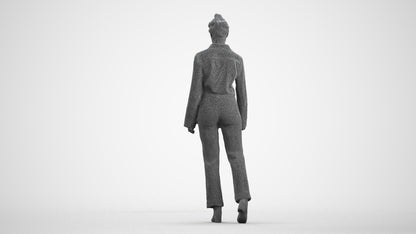 3D human model woman business walking, photogrammetry scanned person for archviz, wireframe front view