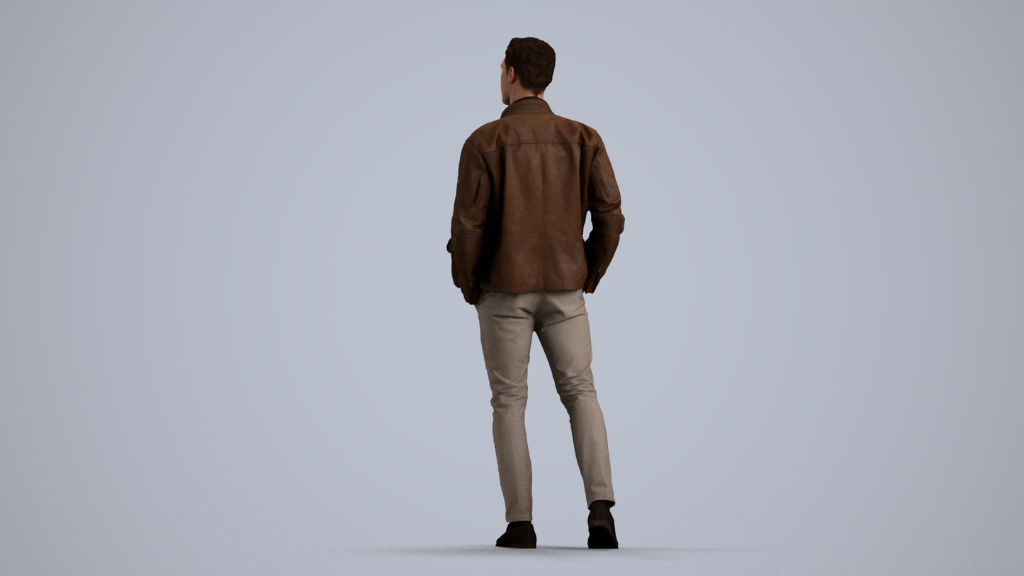 3D human model man casual walking, photogrammetry scanned person for archviz, front view render