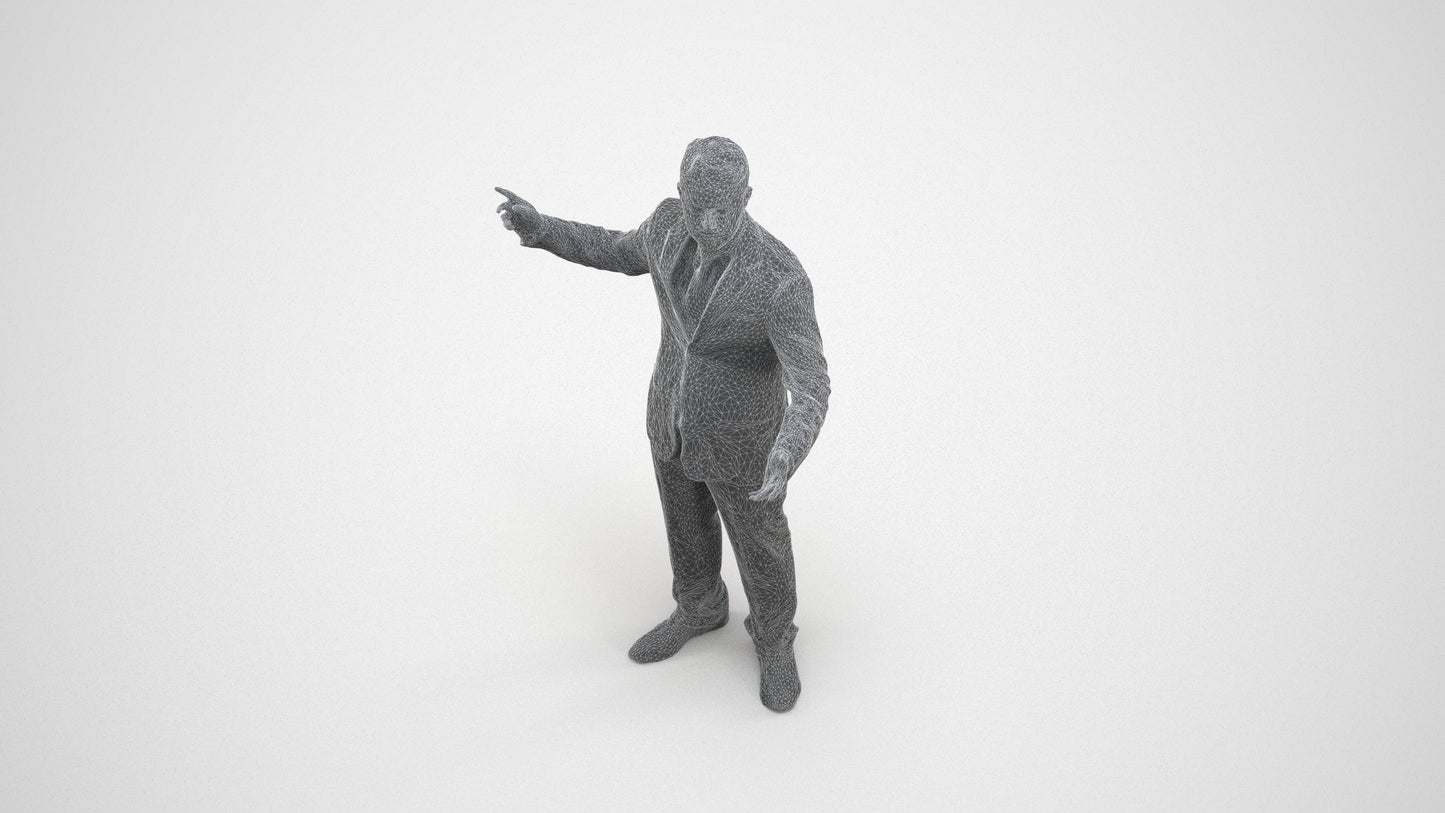 3D human model man business, photogrammetry scanned person for archviz, wireframe three-quarter view