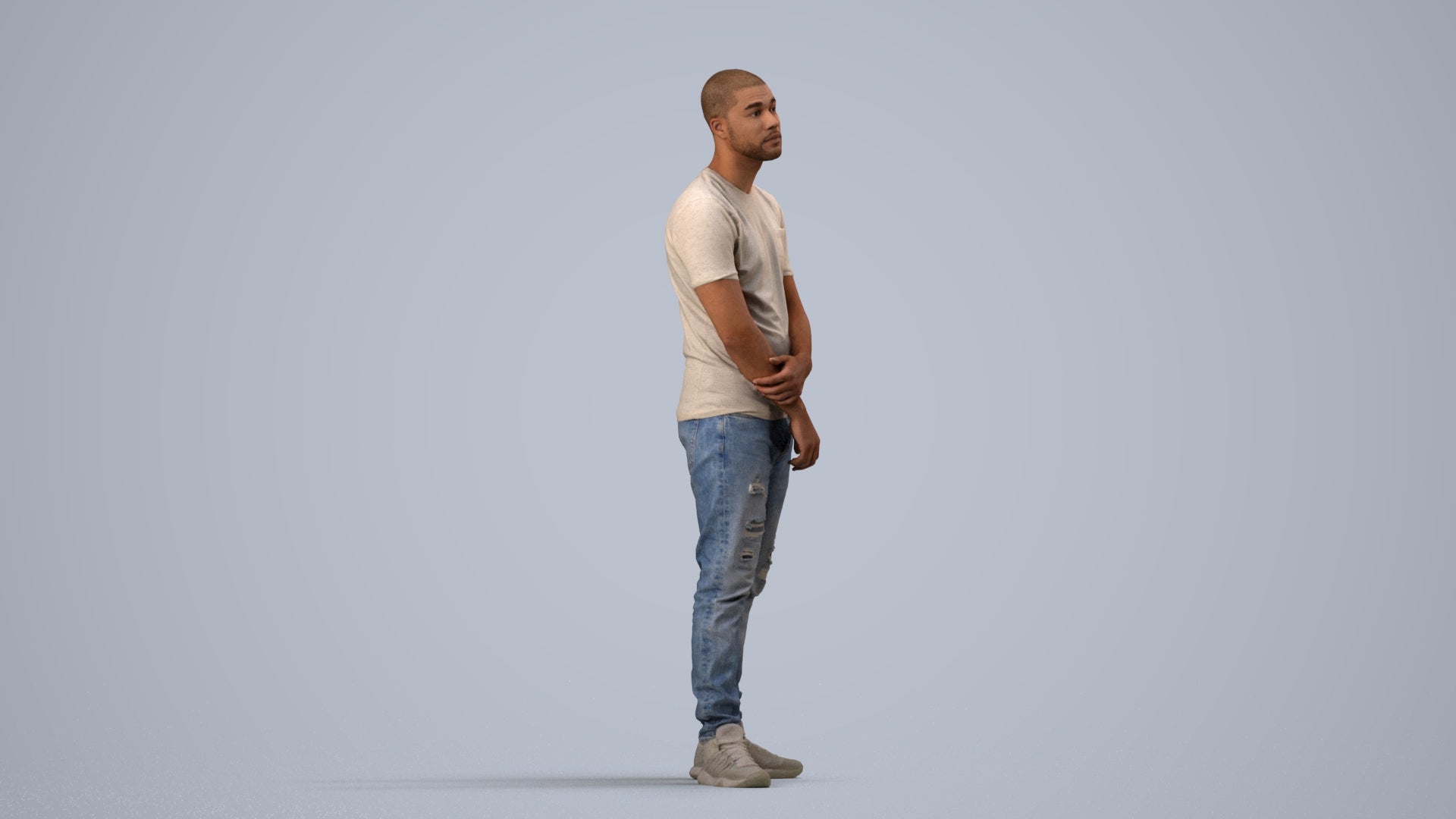 3D human model man casual standing, photogrammetry scanned person for archviz, side view render