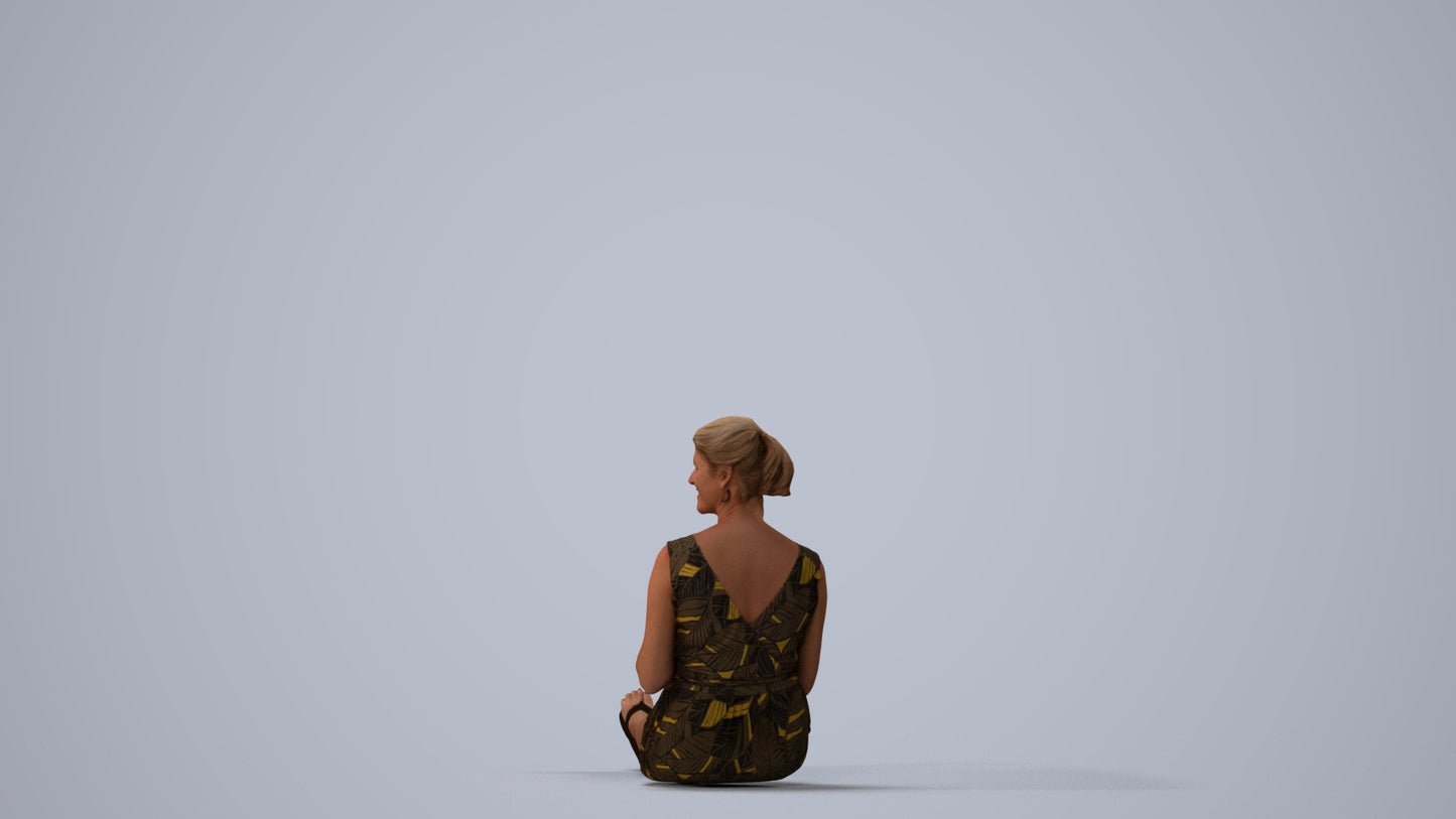scanned 3D woman casual sitting, photogrammetry people for Enscape and V-Ray, three-quarter view render