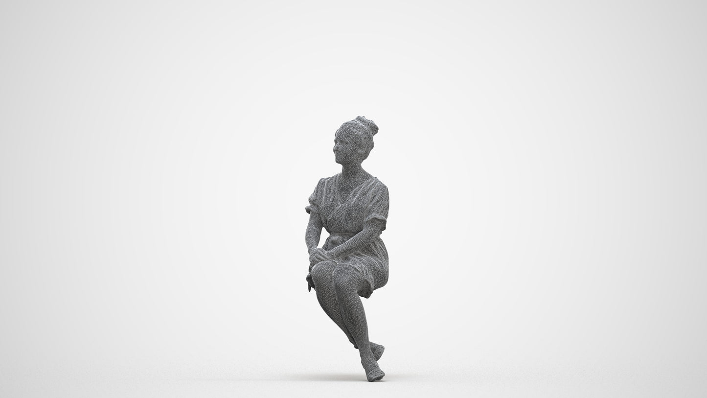 3D scanned woman sitting casual, photorealistic archviz people for Enscape and SketchUp, three-quarter front view render
