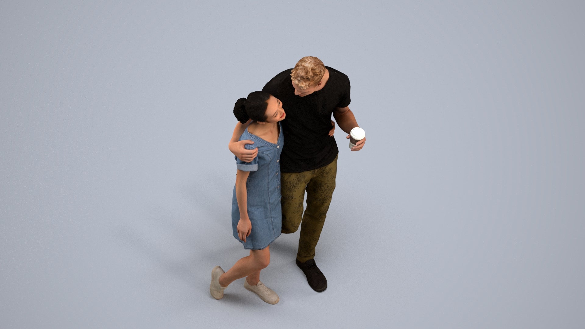 realistic 3D human woman casual couple, archviz people FBX OBJ for Blender, back view render