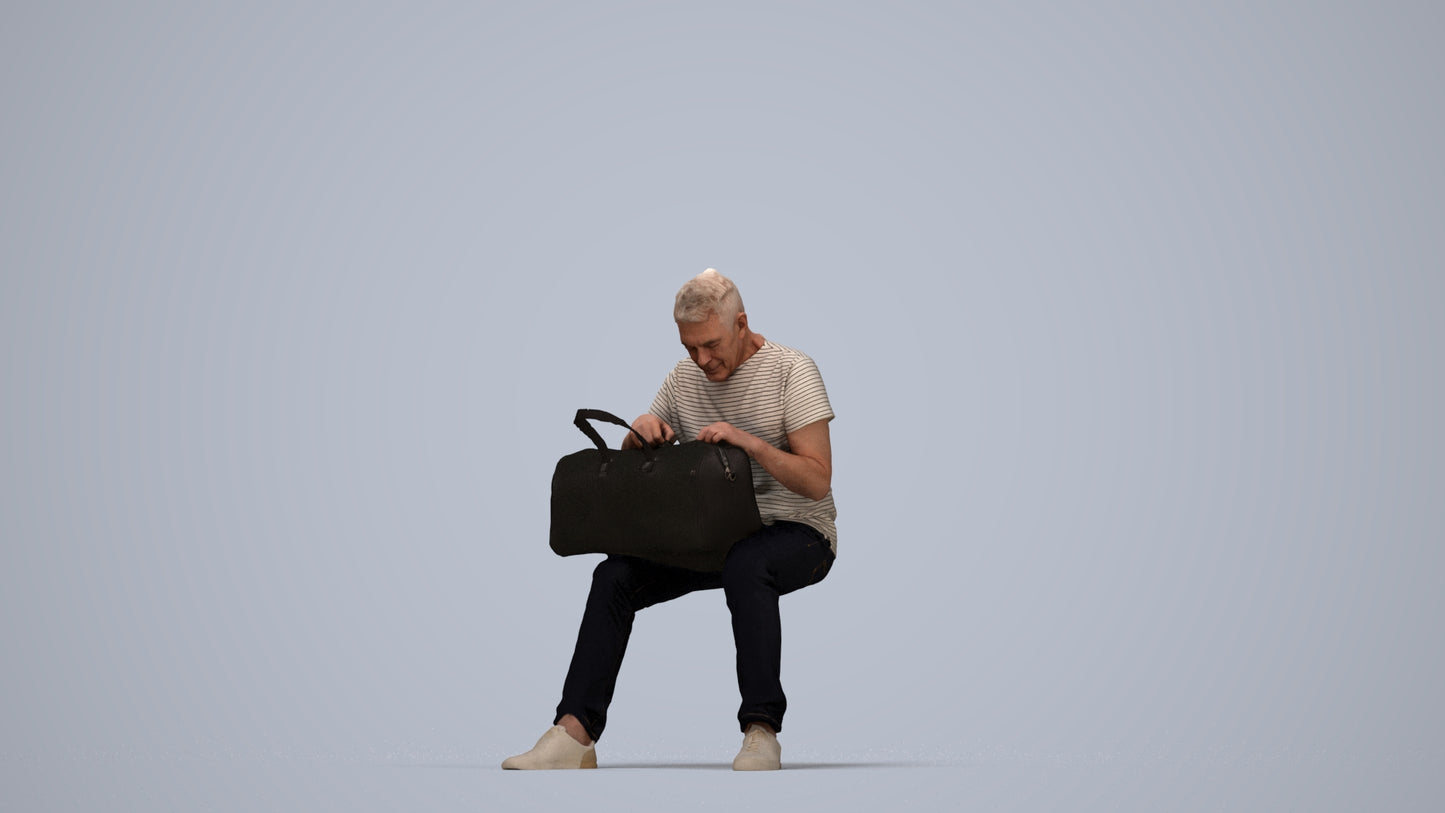 realistic 3D people senior man casual sitting, render-ready for V-Ray and Corona, FBX OBJ, top-down view render