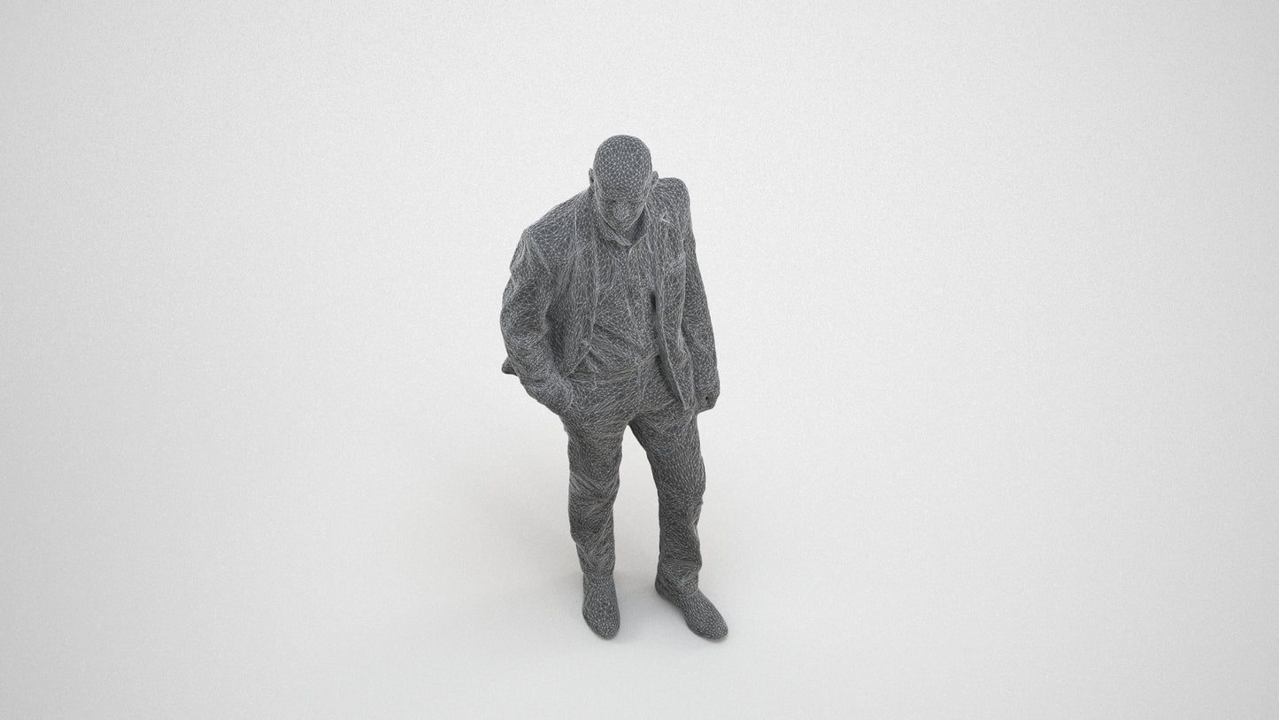 3D scanned senior man business, photorealistic archviz people for Enscape and SketchUp, wireframe three-quarter view
