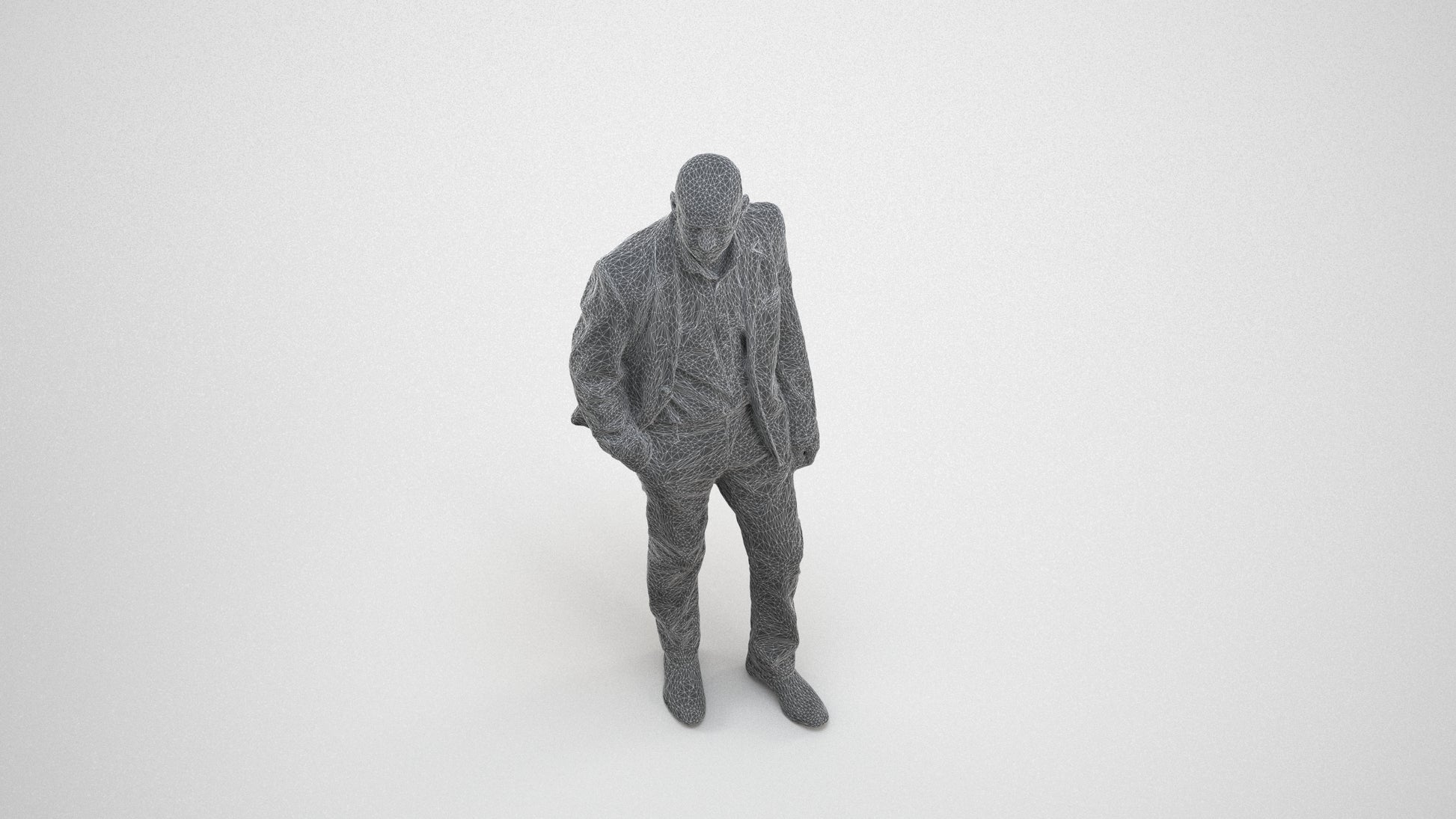3D scanned senior man business, photorealistic archviz people for Enscape and SketchUp, wireframe three-quarter view