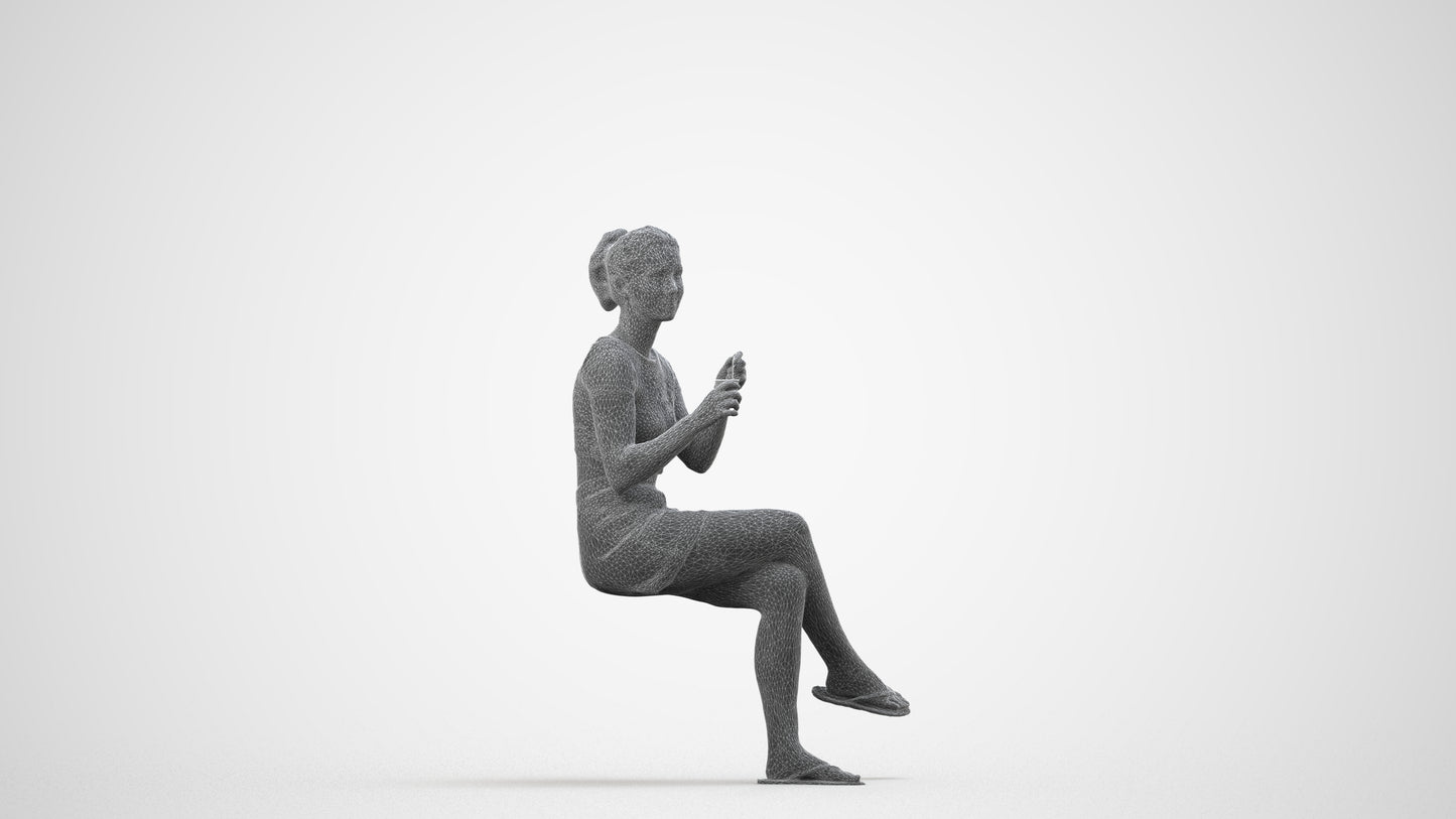 realistic 3D woman casual sitting, scanned archviz people for Blender and 3ds Max, wireframe side view
