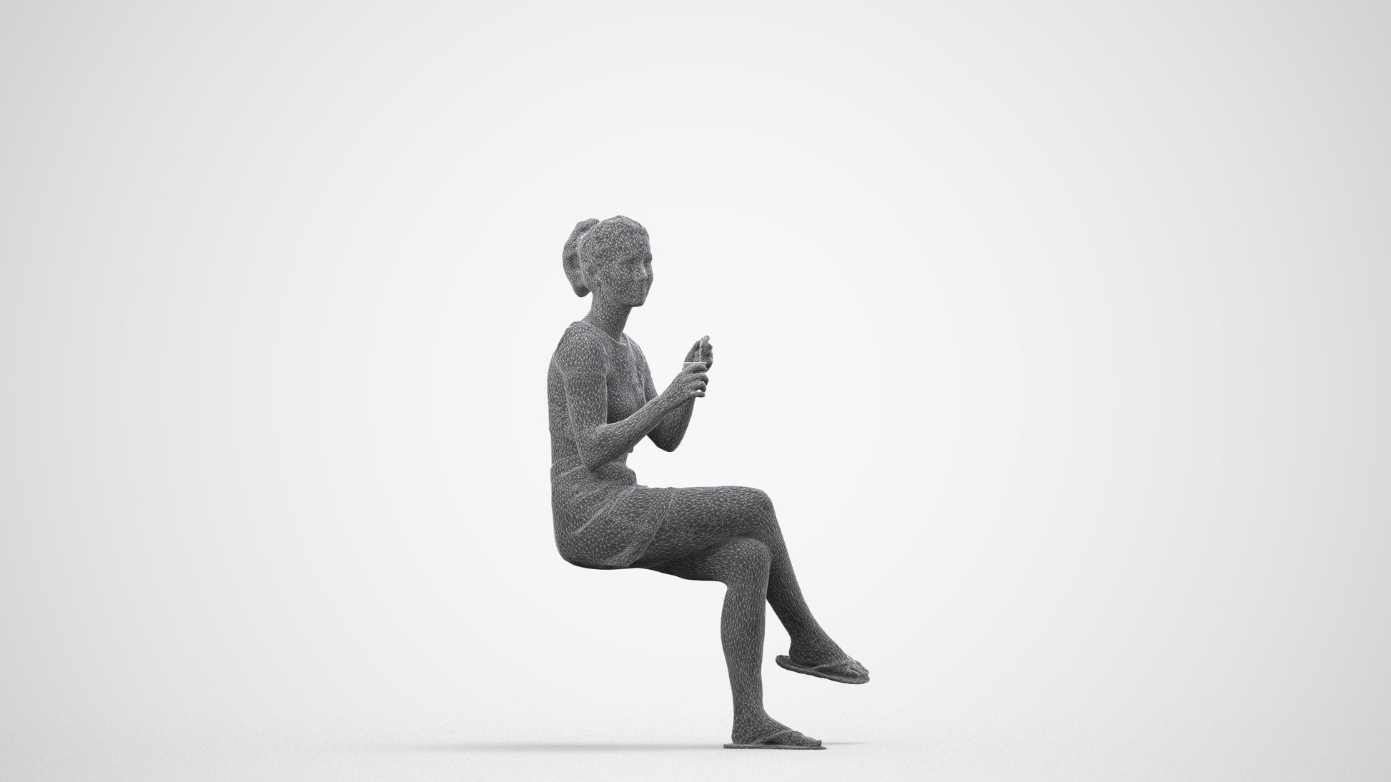 realistic 3D woman casual sitting, scanned archviz people for Blender and 3ds Max, wireframe side view