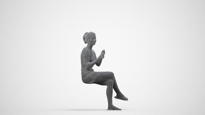realistic 3D woman casual sitting, scanned archviz people for Blender and 3ds Max, wireframe side view