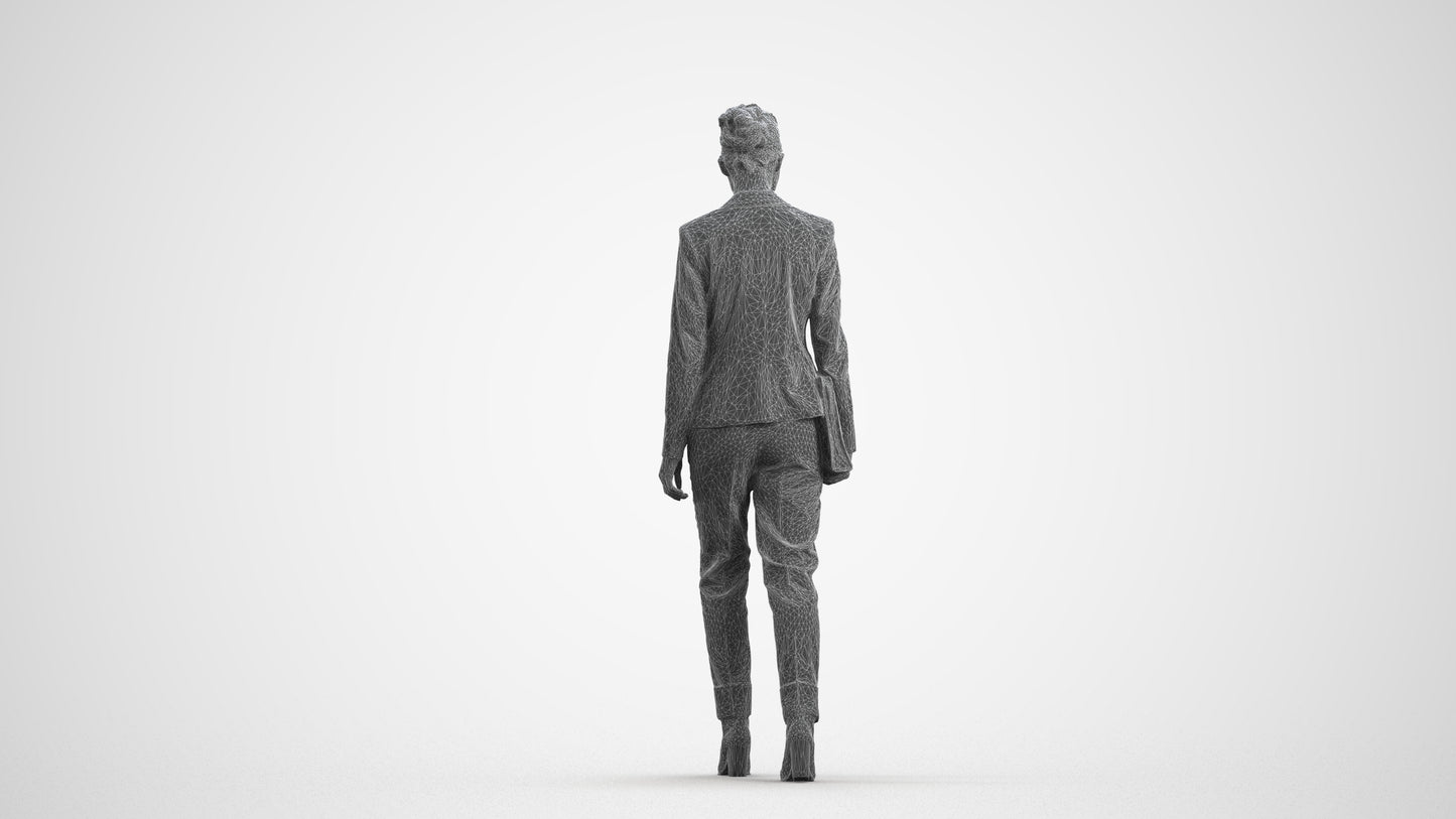 realistic 3D woman business walking, scanned archviz people for Blender and 3ds Max, wireframe front view