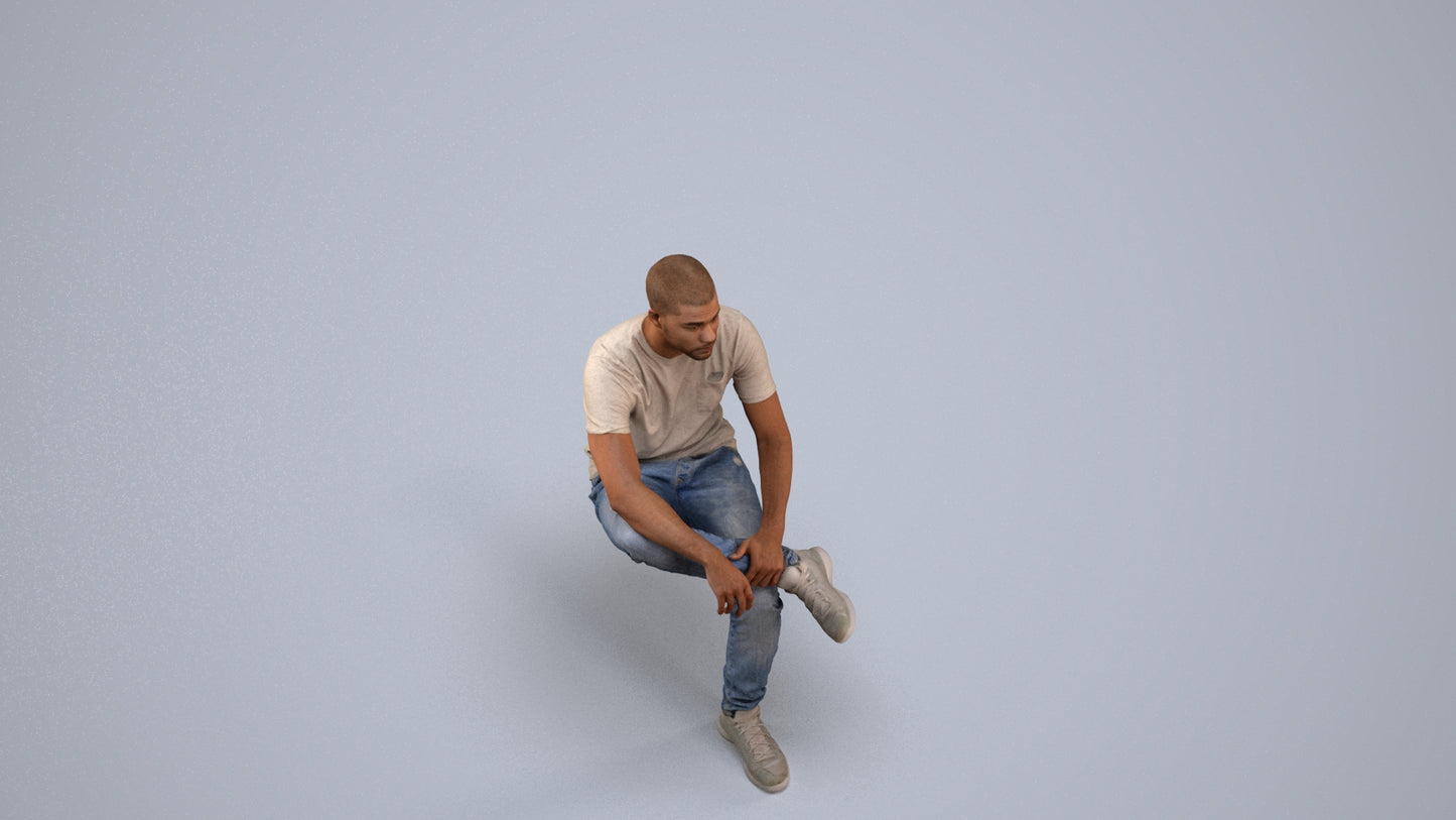 3D human model man casual sitting, photogrammetry scanned person for archviz, back view render