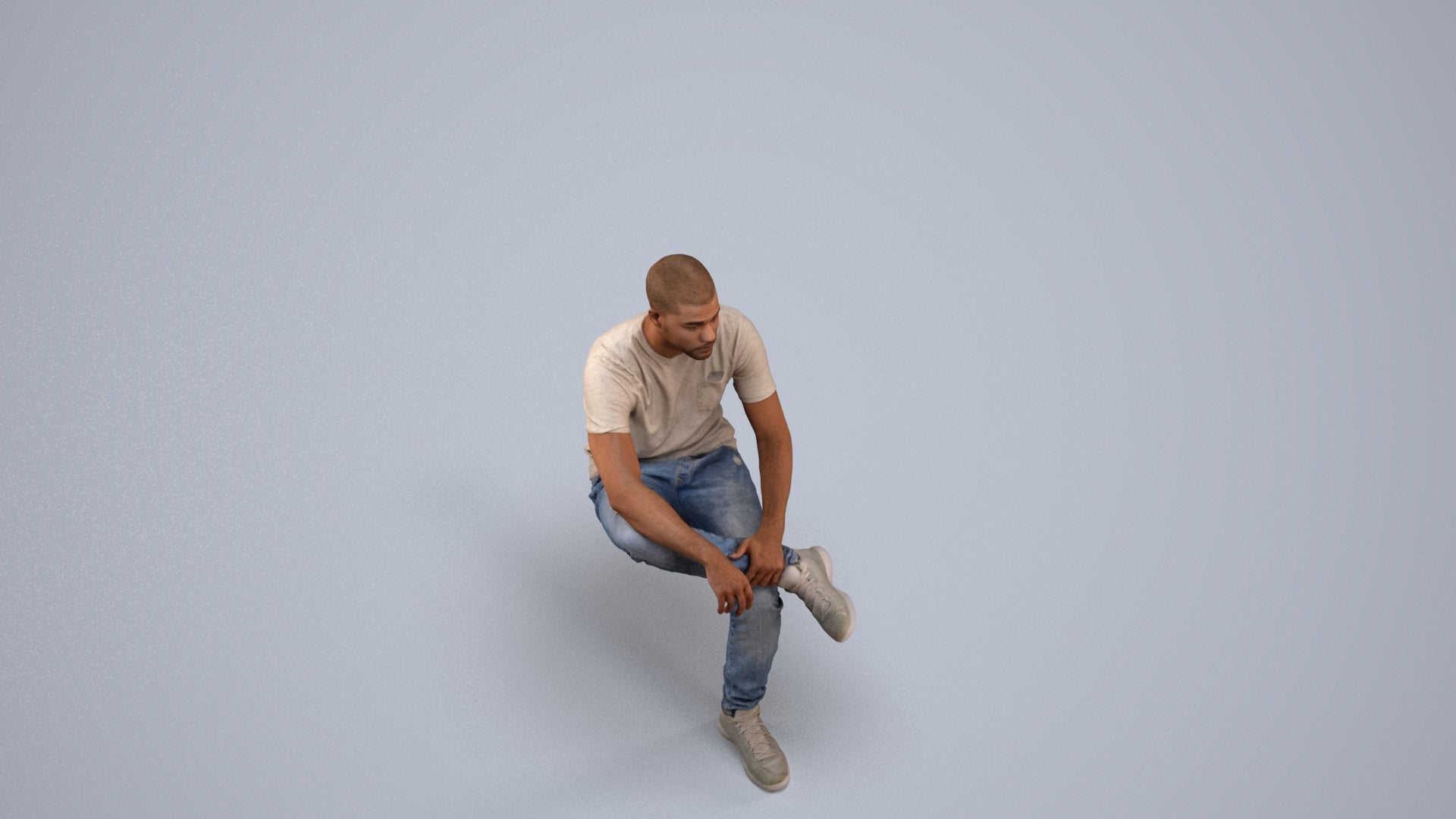 3D human model man casual sitting, photogrammetry scanned person for archviz, back view render