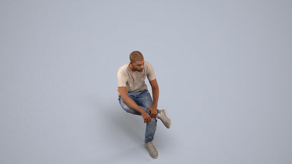 3D human model man casual sitting, photogrammetry scanned person for archviz, back view render