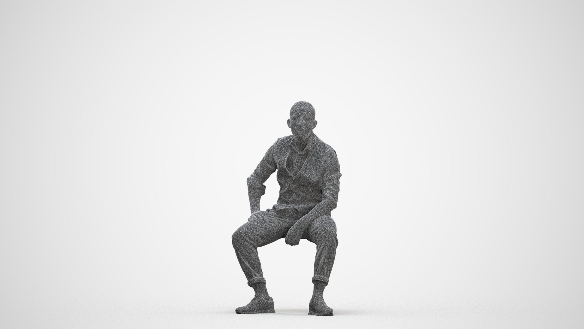 photogrammetry 3D man business sitting, realistic human model archviz FBX, three-quarter front view render