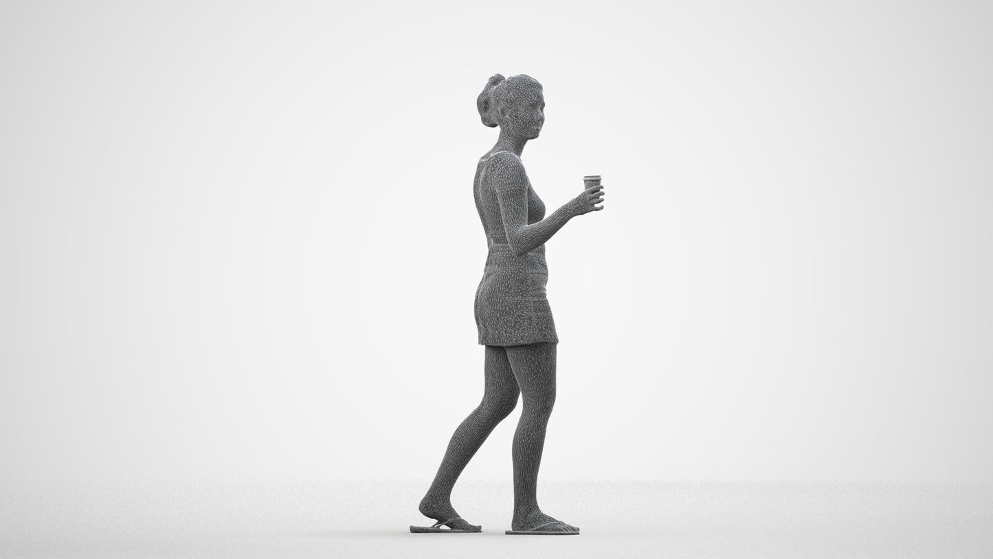 realistic 3D woman casual walking, scanned archviz people for Blender and 3ds Max, wireframe side view