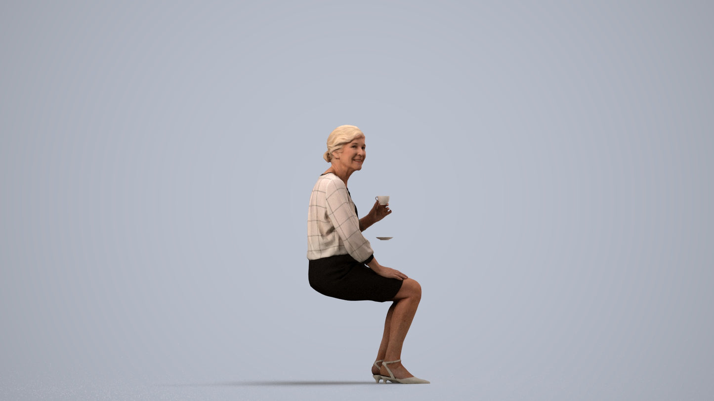 realistic 3D human senior woman casual sitting, archviz people FBX OBJ for Blender, side view render