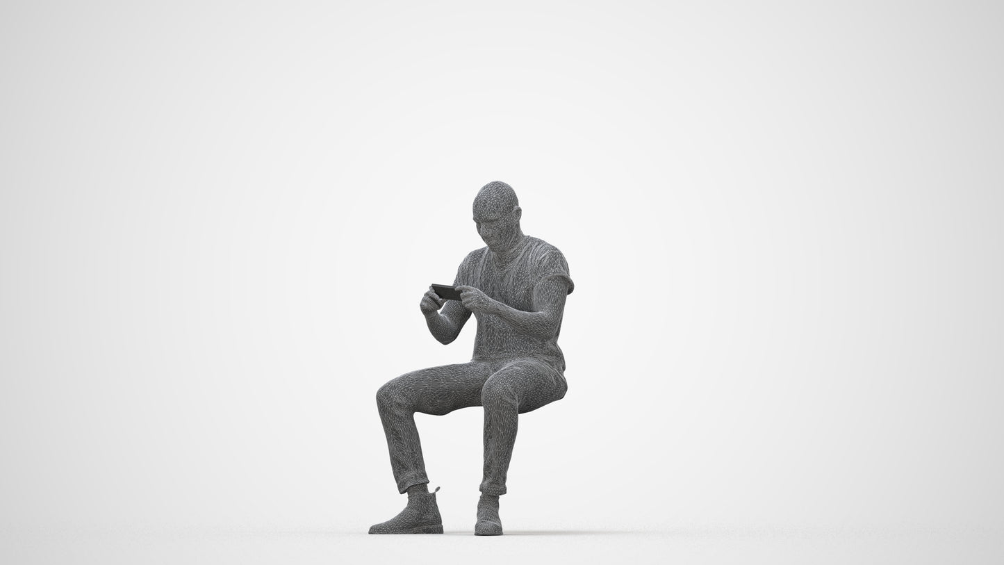 realistic 3D people man casual sitting, render-ready for V-Ray and Corona, FBX OBJ, wireframe back view