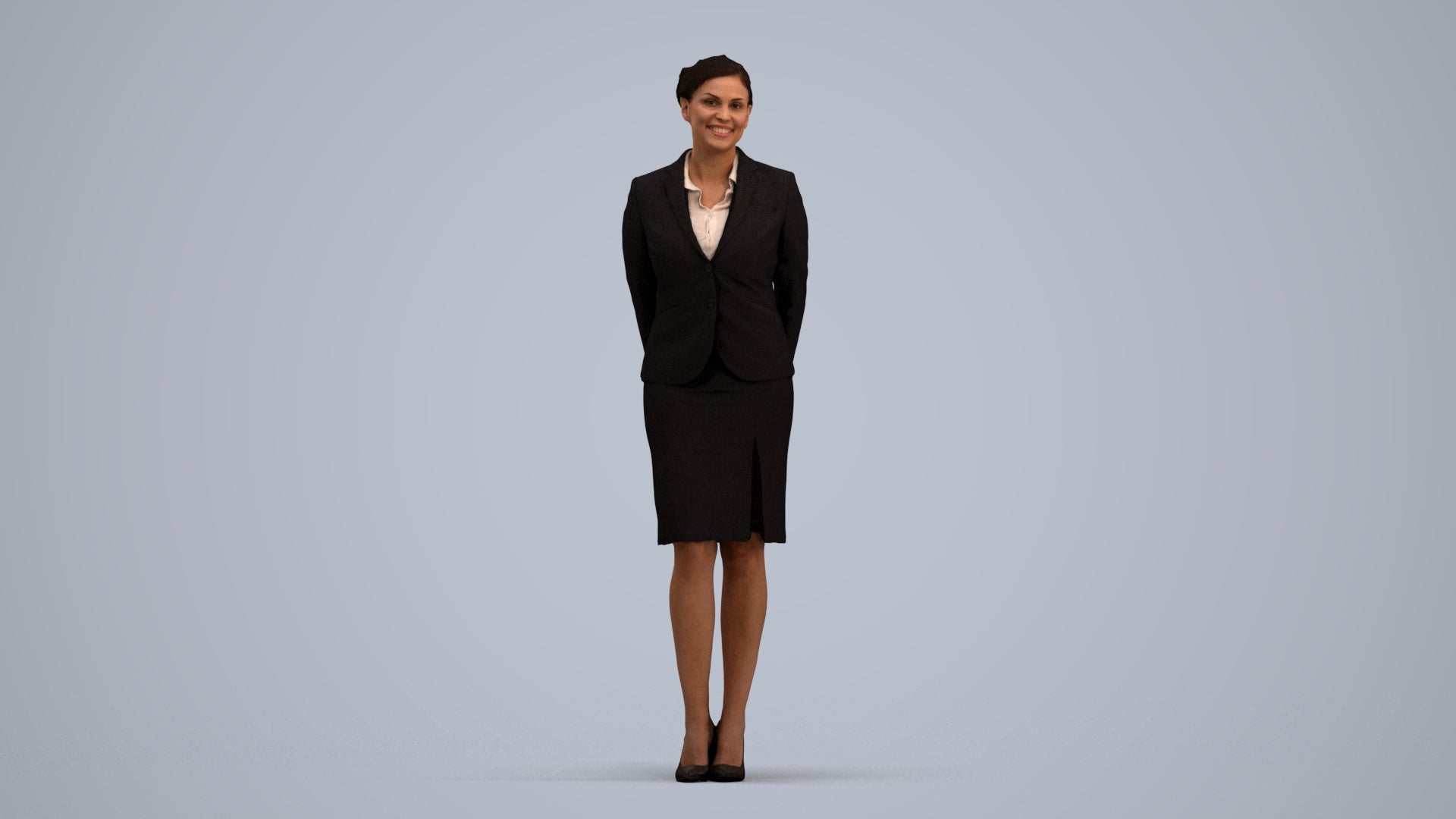 realistic 3D woman hospitality, scanned archviz people for Blender and 3ds Max, standing pose render