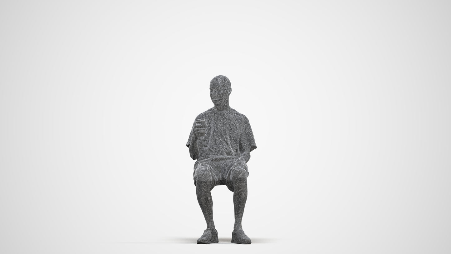 3D human model senior man casual sitting, photogrammetry scanned person for archviz, three-quarter front view render
