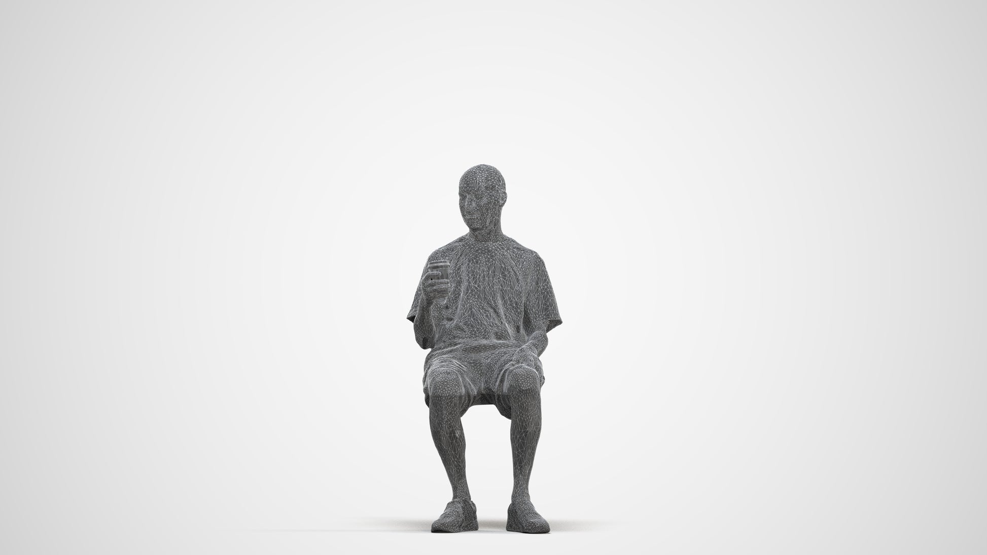3D human model senior man casual sitting, photogrammetry scanned person for archviz, three-quarter front view render