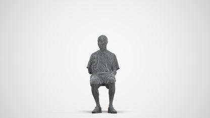 3D human model senior man casual sitting, photogrammetry scanned person for archviz, three-quarter front view render